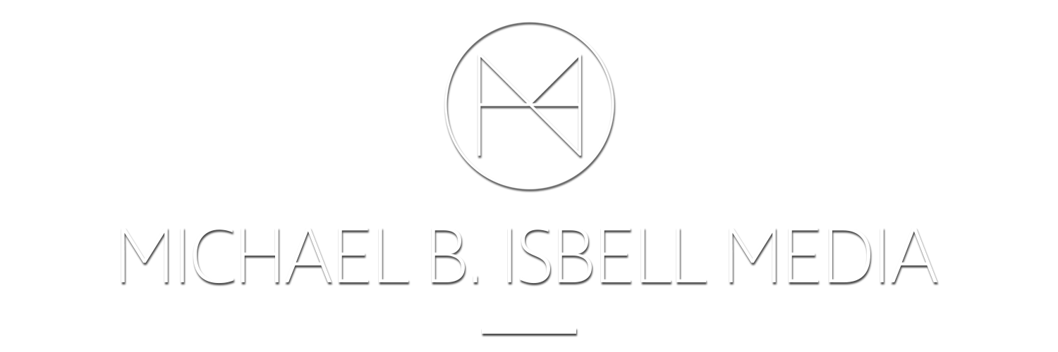 A design utilizing the three initials of my name; M, B, and I in a creative landscape logo including the printed name of the company (MICHAEL B ISBELL MEDIA) in white